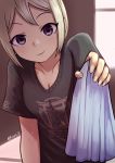  black_shirt blush breasts cleavage collarbone eyebrows grey_eyes grey_hair highres holding holding_towel idolmaster idolmaster_cinderella_girls idolmaster_cinderella_girls_starlight_stage indoors jacy looking_at_viewer medium_breasts print_shirt shiomi_shuuko shirt short_hair short_sleeves smile solo sweat towel twitter_username 