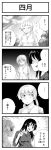  4koma :3 :d =3 bangs bird blunt_bangs blush closed_eyes comic dove emphasis_lines erikku_(kata235) greyscale highres monochrome multiple_girls open_mouth original profile shaded_face smile smug translated troll_face turn_pale twintails v 