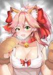 absurdres animal_ear_fluff animal_ears apron bell bell_collar blush breasts cat_paws cleavage collar collarbone fangs fate/grand_order fate_(series) fox_ears gloves harsegerwa highres jingle_bell large_breasts long_hair looking_at_viewer naked_apron open_mouth paw_gloves paw_shoes paws pink_hair ponytail shoes solo sweat tamamo_(fate)_(all) tamamo_cat_(fate) 
