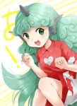  :d a blush curly_hair eyebrows_visible_through_hair feet_out_of_frame green_eyes green_hair hands_up highres horn kanonari kariyushi_shirt knees_together komano_aun long_hair looking_at_viewer open_mouth paw_pose red_shirt shirt short_sleeves shorts simple_background sitting smile solo striped striped_background touhou very_long_hair white_background wing_collar 