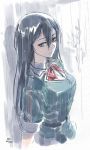  artist_name black_eyes black_hair bow bowtie breasts chikuma_(kantai_collection) hair_between_eyes kantai_collection large_breasts long_hair looking_at_viewer rain remodel_(kantai_collection) solo suzumaru twitter_username upper_body wet wet_clothes 