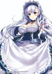  apron apron_lift azur_lane belfast_(azur_lane) blue_eyes braid breasts cleavage commentary_request french_braid highres large_breasts long_hair looking_at_viewer maid maid_apron maid_headdress official_art parted_lips raiou silver_hair simple_background smile solo white_background 