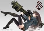  1girl armband black_footwear blue_hoodie boots brown_eyes brown_hair brown_shorts closed_mouth commentary_request from_side grey_background high_heel_boots high_heels holding holding_weapon hood hood_down hoodie horns inabi long_hair looking_at_viewer looking_to_the_side original pointy_ears purple_thighhighs rocket_launcher scope short_shorts shorts solo thighhighs weapon 