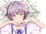  blush bow bowtie brown_eyes chin_rest commentary_request eyebrows_visible_through_hair flower hair_flaps hair_intakes hair_ornament hairclip idolmaster idolmaster_cinderella_girls koshimizu_sachiko lavender_hair lily_(flower) looking_at_viewer mitche shirt short_hair short_sleeves simple_background smile solo upper_body 
