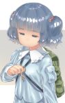  backpack bag blue_eyes blue_hair closed_mouth eyebrows_visible_through_hair hair_bobbles hair_ornament highres kawashiro_nitori key long_sleeves looking_away looking_down monosenbei short_hair short_twintails solo squinting touhou twintails upper_body 