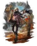  apple basket bird bridge covered_mouth curly_hair food fruit full_body ikusy leg_wrap looking_back octopath_traveler official_art poncho pouch scarf short_hair solo_focus square_enix therion_(octopath_traveler) walking 