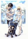  2girls :&lt; baby bad_id bad_pixiv_id black_hair blonde_hair blurry braid carrying child_carry commentary_request depth_of_field drooling family final_fantasy final_fantasy_xv good_end isakawa_megumi kenny_crow lunafreya_nox_fleuret multiple_boys multiple_girls noctis_lucis_caelum sandals short_hair side_braid sleeping smile stroller sunglasses toy walking 