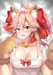  absurdres animal_ear_fluff animal_ears apron bell bell_collar blush breasts cat_paws cleavage collar collarbone fangs fate/grand_order fate_(series) fox_ears gloves harsegerwa highres jingle_bell large_breasts long_hair looking_at_viewer naked_apron open_mouth paw_gloves paw_shoes paws pink_hair ponytail see-through shoes solo sweat tamamo_(fate)_(all) tamamo_cat_(fate) 