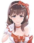  animal_ears bare_shoulders blue_eyes blush bow brown_hair choker commentary_request detached_sleeves dress ear_ribbon earrings eyebrows_visible_through_hair finger_ribbon frilled_dress frills gloves hair_bow hair_ornament hair_ribbon hairband heart heart_hair_ornament idolmaster idolmaster_cinderella_girls jewelry looking_at_viewer omisoshiru parted_lips pink_hairband pinky_out puffy_detached_sleeves puffy_sleeves red_bow red_ribbon ribbon sakuma_mayu simple_background smile solo strapless strapless_dress sweat upper_body white_background white_dress white_gloves wrist_ribbon 