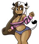  5_fingers anaugi animal_humanoid big_breasts bovine breasts brown_hair brown_skin cleavage clothed clothes_swap clothing cow_humanoid dark_skin denim_shorts ear_piercing female freckles hair hi_res horn humanoid klara_(monster_girl_gamu) long_hair mammal midriff monster_girl_gamu multicolored_hair navel piercing shorts slightly_chubby solo thick_thighs two_tone_hair white_hair wide_hips 