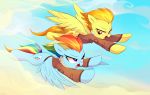  2018 absurd_res clothed clothed_feral clothing cloud cutie_mark digital_media_(artwork) duo equine feathered_wings feathers female feral flying friendship_is_magic hair hi_res mammal marenlicious multicolored_hair multicolored_tail my_little_pony open_mouth pegasus racing rainbow_dash_(mlp) rainbow_hair rainbow_tail sky spitfire_(mlp) wings wonderbolts_(mlp) 