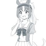  alternate_costume animal_ears blush bridle check_commentary chestnut_thoroughbred_(kemono_friends) commentary commentary_request cosplay crossover extra_ears eyebrows_visible_through_hair greyscale horizontal_pupils horse_ears horse_girl horse_tail kemono_friends light_brown_hair long_hair monochrome multicolored_hair neckerchief pleated_skirt ponytail puffy_short_sleeves puffy_sleeves school_uniform serafuku short_sleeves skirt solo tail totokichi umamusume white_hair 