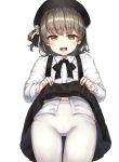  :d bangs beret black_hat black_ribbon black_skirt blush brown_eyes brown_hair crotch_seam eyebrows_visible_through_hair fang hat hatoba_tsugu hatoba_tsugu_(character) highres lifted_by_self long_sleeves looking_at_viewer md5_mismatch mole mole_under_eye open_mouth pantyhose rangen ribbon shirt simple_background skirt skirt_lift smile solo suspender_skirt suspenders virtual_youtuber white_background white_legwear white_shirt 