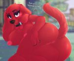  2018 absurd_res anthro anus blurred_background butt canine clifford clifford_the_big_red_dog collar crossgender dialogue digital_media_(artwork) dimwitdog dog english_text female hi_res looking_at_viewer mammal naked_collar outside pussy smile solo text 