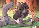  2018 anthro booty_shorts butt clothed clothing comic cub digital_media_(artwork) domovoi_lazaroth feline female flat_chested forest hair kimmy looking_at_viewer mammal outside reading solo teenager tree young 