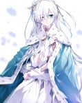  anastasia_(fate/grand_order) bangs blue_cloak blue_eyes blush brown_hairband cloak closed_mouth commentary_request dress eyebrows_visible_through_hair fate/grand_order fate_(series) hair_ornament hair_over_one_eye hairband hand_up head_tilt leaf_hair_ornament long_hair looking_at_viewer royal_robe silver_hair solo tsuedzu very_long_hair white_background white_dress 
