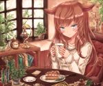  :3 animal_ears aran_sweater bangs blue_eyes blush book bookshelf brown_hair cake cat_ears cat_tail chair clock coffee_mug collarbone commentary creamer_(vessel) cup day desk_lamp eyebrows_visible_through_hair food fork holding holding_cup indoors kyuumoto_kuku lamp long_hair long_sleeves looking_at_viewer menu mug original plant plate potted_plant shiny shiny_hair signature sitting slit_pupils solo spoon sweater table tail test_tube white_sweater window 