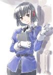  black_eyes black_hair black_neckwear black_skirt cowboy_shot eyebrows_visible_through_hair gloves haguro_(kantai_collection) hair_ornament hair_ribbon kantai_collection looking_at_viewer neck_ribbon remodel_(kantai_collection) ribbon short_hair skirt smile solo suzumaru white_gloves 