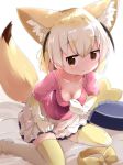  :3 animal_ears blonde_hair bowtie_removed breasts brown_eyes cleavage collarbone come_hither commentary_request elbow_gloves extra_ears fennec_(kemono_friends) fox_ears fox_tail gloves highres kemono_friends looking_at_viewer makuran medium_breasts multicolored multicolored_clothes multicolored_gloves multicolored_legwear pillow short_hair short_sleeves sitting skirt solo tail tail_raised thighhighs wariza white_gloves white_legwear yellow_gloves yellow_legwear 