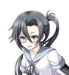  amagiri_(kantai_collection) black_hair collarbone glasses highres kantai_collection long_hair looking_at_viewer parted_lips school_uniform serafuku side_ponytail silver_eyes simple_background smile solo tk8d32 white_background 