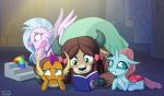  2018 avian beak blue_eyes blush book bovine brown_hair changeling digital_media_(artwork) dragon eyelashes feathered_wings feathers female friendship_is_magic green_eyes group hair hair_bow hair_ribbon hippogryph horn insect_wings mammal multicolored_hair my_little_pony ocellus_(mlp) open_beak open_mouth purple_eyes reading ribbons silverstream_(mlp) slinky smile smolder_(mlp) stairs tongue tongue_out two_tone_hair uotapo wings yak yona_(mlp) 
