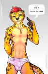  bulge claws clothed clothing fangs feline fur green_eyes grin hair jewelry long_tail looking_at_viewer male mammal necklace nipples ocelot red_hair skimpy smile solo spandex speedo swimsuit teeth tight_clothing tsaiwolf whiskers yellow_fur 