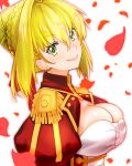  bangs blonde_hair braid breasts bursting_breasts buttons cleavage closed_mouth epaulettes eyebrows eyebrows_visible_through_hair fate/extra fate_(series) french_braid green_eyes hair_between_eyes hair_intakes highres large_breasts looking_at_viewer nero_claudius_(fate) nero_claudius_(fate)_(all) petals short_hair simple_background single_braid smile solo soranaka_ame upper_body v-shaped_eyebrows white_background 