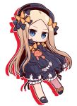  abigail_williams_(fate/grand_order) bangs black_bow black_dress black_footwear black_hat blonde_hair bloomers blue_eyes blush bow closed_mouth dress eyebrows fate/grand_order fate_(series) full_body hair_bow hat holding holding_stuffed_animal long_hair long_sleeves mary_janes naga_u no_nose orange_bow outline parted_bangs polka_dot polka_dot_bow shoes silhouette simple_background sleeves_past_fingers sleeves_past_wrists solo straight_hair stuffed_animal stuffed_toy teddy_bear underwear white_background white_bloomers white_outline 