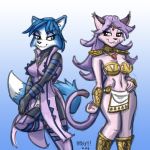  2016 :3 anthro armor blue_fur blue_hair boots breasts brown_eyes canine cat cleavage clothed clothes_swap clothing collar crossover dipstick_tail duo fangs feline felineko female footwear fox fur gradient_background green_eyes hair hand_on_hip heresy_(artist) hi_res inner_ear_fluff krystal loincloth mammal midriff multicolored_tail navel nintendo op&eacute;ra_kranz pauldron pendant purple_fur purple_hair simple_background smile solatorobo star_fox unconvincing_armor vambraces video_games 