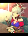  blue_eyes blush bowl breasts chopsticks cleavage eating fate/grand_order fate_(series) food looking_at_viewer medium_breasts mgk968 miyamoto_musashi_(fate/grand_order) sitting solo 