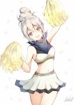  :d alternate_costume arm_up atoatto bare_shoulders blush cheerleader confetti cowboy_shot crop_top eyebrows_visible_through_hair fire_emblem fire_emblem_if green_eyes hair_between_eyes hair_bun head_tilt holding kanna_(female)_(fire_emblem_if) kanna_(fire_emblem_if) looking_at_viewer miniskirt navel open_mouth pointy_ears ponytail shiny shiny_hair simple_background skirt sleeveless smile solo standing stomach tareme thigh_gap white_background white_hair white_skirt 