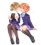  black_legwear blue_skirt blush brown_hair closed_eyes closed_mouth facing_another food hoshizora_rin kneehighs koizumi_hanayo komachi_pochi love_live! love_live!_school_idol_project multiple_girls onigiri open_mouth orange_hair otonokizaka_school_uniform pantyhose purple_eyes school_uniform short_hair sitting skirt smile white_background 