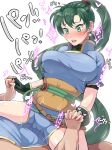  1girl blue_dress blush boris_(noborhys) breasts clothed_sex cowgirl_position dress faceless faceless_male fingerless_gloves fire_emblem fire_emblem:_rekka_no_ken girl_on_top gloves green_eyes green_hair heart highres holding_hands implied_sex large_breasts long_hair looking_down lyndis_(fire_emblem) motion_lines open_mouth pelvic_curtain ponytail short_sleeves side_slit simple_background spread_legs straddling sweatdrop white_background 