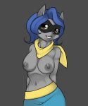  anthro areola blue_hair breasts clothed clothing crossgender digital_media_(artwork) female hair half-length_portrait hi_res kloudmutt mammal mask navel nipples nude portrait pose procyonid raccoon scarf sly_cooper sly_cooper_(series) solo topless video_games 