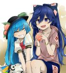  :d bangle black_hat blouse blue_bow blue_eyes blue_hair blue_skirt blush bow bowtie bracelet closed_eyes collarbone commentary debt eyebrows_visible_through_hair facing_another food frilled_blouse fruit gradient gradient_background grey_hoodie grin hair_between_eyes hair_bow hat hinanawi_tenshi holding holding_food holding_fruit hood hoodie jewelry leaf long_hair multiple_girls open_mouth peach puffy_short_sleeves puffy_sleeves red_bow red_neckwear short_sleeves skirt smile touhou two-tone_background tyouseki v_arms very_long_hair white_background white_blouse yellow_background yorigami_shion 