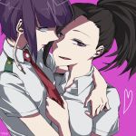  akaji_(alpha0107) arm_around_neck bangs black_eyes black_hair blunt_bangs boku_no_hero_academia brown_eyes earlobes heart high_ponytail hug jirou_kyouka looking_at_viewer multiple_girls necktie necktie_grab neckwear_grab open_mouth pink_background purple_hair red_neckwear shaded_face shirt short_hair short_sleeves single_sidelock u.a._school_uniform upper_body white_shirt yaoyorozu_momo yuri 