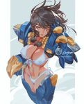  adapted_costume bikini black_hair braid breasts brown_eyes cleavage commentary dark_skin english_commentary eye_of_horus facial_tattoo front-tie_bikini front-tie_top hair_tubes hand_in_hair headwear_removed helmet helmet_removed jet_kimchrea large_breasts navel overwatch pauldrons pharah_(overwatch) power_armor side-tie_bikini side_braids solo stomach swimsuit swimsuit_under_clothes tattoo white_bikini wind 