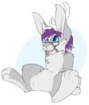  antlers blue_eyes eyewear fur glasses grey_fur grey_markings hair horn hybrid irishthorns lagomorph male mammal markings multicolored_fur multicolored_hair pawpads pink_nose pink_pawpads purple_hair rabbit solo two_tone_fur two_tone_hair white_hair 