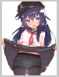  :d akatsuki_(kantai_collection) anchor_symbol ass_visible_through_thighs blush bow bow_panties caburi commentary_request cowboy_shot flat_cap hat highres kantai_collection lifted_by_self long_hair looking_at_viewer neckerchief open_mouth panties panties_under_pantyhose pantyhose purple_eyes purple_hair sailor_collar school_uniform serafuku skirt skirt_lift smile solo thighband_pantyhose underwear v-shaped_eyebrows wavy_mouth white_background windowboxed 