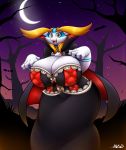  2016 aijou anthro averyshadydolphin big_breasts big_butt big_thighs blonde_hair breasts butt cape cleavage clothed clothing costume dragon dress fangs female hair halloween hi_res holidays jou looking_at_viewer moon solo teeth tongue tree wide_hips 