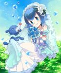  blue_eyes blue_hair blue_wedding_dress blush bouquet bridal_veil bubble bubble_blowing commentary_request dress flower freckles gen_7_pokemon hair_flower hair_ornament head_tilt jewelry necklace pearl_necklace pokemon pokemon_(anime) pokemon_sm_(anime) popplio sasairebun short_hair smile solo suiren_(pokemon) veil wedding_dress 