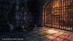  bowl chain chair company_name crate cuffs door dungeon fantasy granadia_saga hole_in_wall indoors moss no_humans official_art prison puddle rock scenery shackles shadow shiki_makoto stairs stone_floor stone_wall torch wall watermark 