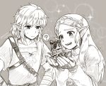  1girl ? bag blush fingerless_gloves gloves grey_background greyscale guardian_(breath_of_the_wild) hair_ornament hairclip hands_on_hips link long_hair miniature monochrome open_mouth pointy_ears princess_zelda sayoyonsayoyo short_hair shoulder_bag simple_background sparkle spoken_question_mark sweatdrop the_legend_of_zelda the_legend_of_zelda:_breath_of_the_wild twitter_username upper_body 