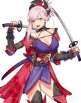  blue_eyes breasts cleavage fate/grand_order fate_(series) highres holding holding_sword holding_weapon japanese_clothes katana kimono large_breasts miyamoto_musashi_(fate/grand_order) open_mouth over_shoulder ryairyai solo sword sword_over_shoulder weapon weapon_over_shoulder white_background 