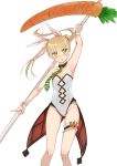  1girl animal_ears armpits blonde_hair blush bunny_ears bunny_girl bunnysuit carrot flat_chest green_eyes leg_garter looking_at_viewer maka_albarn necktie open_mouth scythe simple_background small_breasts solo soul_eater twintails weapon yokura_(yukilina) 