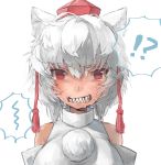  1girl animal_ears bare_shoulders blush breasts commentary_request hat inubashiri_momiji large_breasts pororikin red_eyes sharp_teeth solo sweat teeth tokin_hat touhou white_hair wolf_ears wolf_girl 