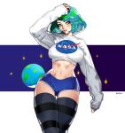  absurdres aqua_hair arm_up baggy_clothes blue_shorts boyshorts breasts commentary cropped_sweater earth earth-chan freckles green_eyes green_hair hand_on_head highres large_breasts looking_at_viewer looking_to_the_side midriff multicolored_hair nasa nasa_logo navel original short_shorts shorts space star stomach sweater thighhighs two-tone_hair universe white_sweater wide_hips zelus 
