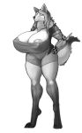  anthro areola big_breasts breasts canine clothed clothing female fur hair hands_on_hips huge_breasts hyper hyper_breasts mammal monochrome ndragon3 nipple_bulge solo standing thick_thighs voluptuous 