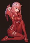  aqua_eyes between_legs black_background bodysuit breasts commentary_request darling_in_the_franxx eyebrows_visible_through_hair finger_in_mouth hairband hand_between_legs highres horns long_hair looking_at_viewer masila medium_breasts pilot_suit pink_hair red_bodysuit simple_background sitting skin_tight solo white_hairband zero_two_(darling_in_the_franxx) 
