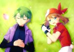  1girl :d blue_eyes brown_hair closed_eyes commentary_request gloves grass green_hair haruka_(pokemon) looking_at_viewer lying on_back on_side open_mouth petals pokemon pokemon_(anime) pokemon_ag ryuzaki0827 short_hair shuu_(pokemon) smile two-tone_gloves 